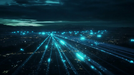 Fototapete - A futuristic cityscape illuminated by glowing blue lights, illustrating a network of data or energy streams flowing through the night sky.