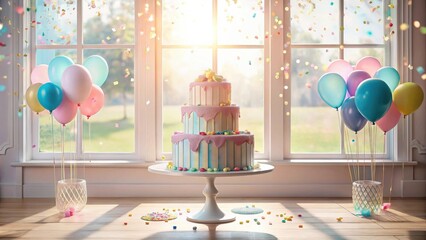 Poster - Pastel Celebration Cake and Balloons by a Sunny Window