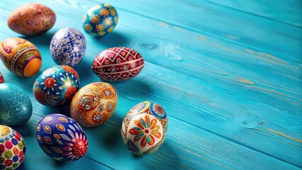 Poster - Vibrant Hand-Painted Easter Eggs on a Blue Wooden Surface