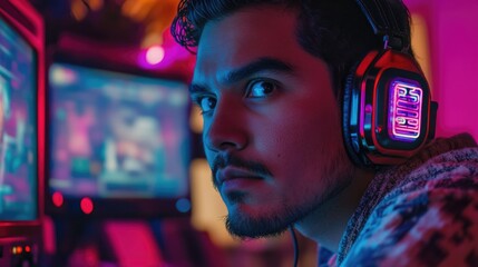 Poster - A person watching TV with headphones on, great for background use