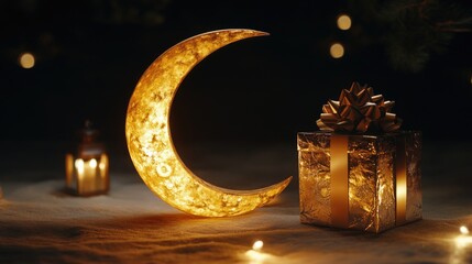 Wall Mural - A lit up moon is on the ground next to a box. The box is wrapped in gold and has a bow on it