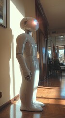 Poster - A sleek, humanoid robot stands still in a brightly lit corridor, illuminated by the warm sunlight streaming through large windows