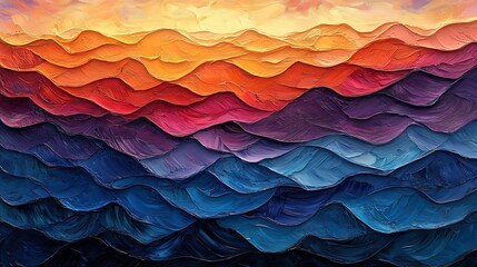 Wall Mural - Warm sunset hues paint layered mountains vibrant landscape. AI Generated