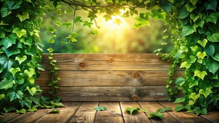 Poster - Rustic wooden planks framed by lush green ivy, bathed in warm sunlight, creating a serene natural backdrop