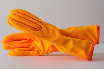 Poster - Pair of orange rubber gloves on a white background