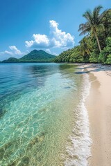 Wall Mural - Gentle waves lap at the shore as palm trees sway in warm breezes on this serene tropical beach surrounded by lush greenery and mountains