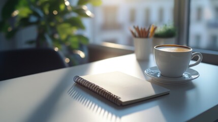 Poster - A cup of coffee and a notebook sit on a table, perfect for writing or studying