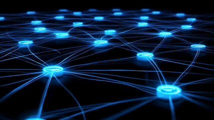 Fototapete - A digital network visualization with glowing blue nodes interconnected by lines, representing data flow and connectivity.