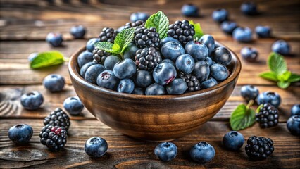Poster - A rustic wooden bowl overflowing with plump blueberries and blackberries, garnished with fresh mint leaves, sits on a dark wooden surface, surrounded by more berries.