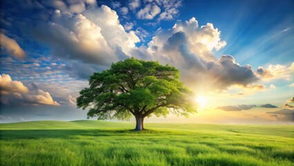 Aufkleber - Serene Sunset Landscape A Majestic Tree Stands Alone in a Verdant Meadow Under a Dramatic Sky