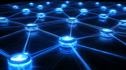 Fototapete - A vibrant, abstract representation of a network with glowing blue nodes interconnected by lines, symbolizing technology and connectivity.