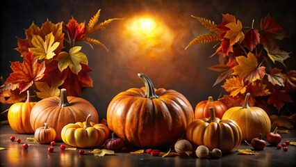 Poster - Autumnal Still Life with Pumpkins and Colorful Leaves, a Festive Harvest Scene
