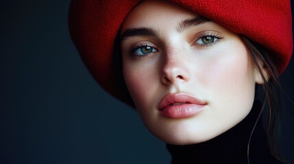 Poster - Close-up shot of a woman wearing a red hat, looking directly at the camera