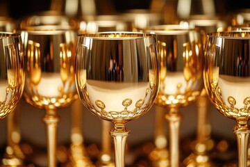 Aufkleber - A collection of luxurious gold wine glasses arranged on a table, perfect for upscale events or elegant gatherings
