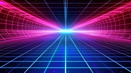 Wall Mural - Futuristic 80s Retro Sci-Fi Background with Grid Landscape