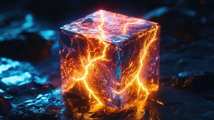 Poster - A single glowing ice cube sits atop a pile of rocks, emitting a warm and cozy glow