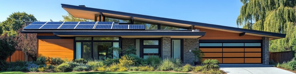 Poster - House with solar panels installed on the roof for renewable energy generation