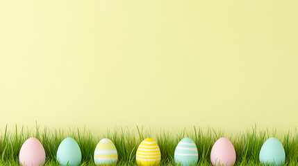 Poster - Colorful pastel eggs arranged on green grass against a light yellow background for spring celebration
