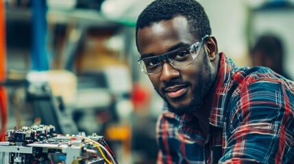 Aufkleber - In a vibrant workshop illuminated by warm light, a young engineer works intently on assembling intricate electronic components. His focused expression reflects passion and expertise