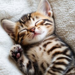 Aufkleber - A small kitten curled up and sleeping on a soft blanket, perfect for various uses such as advertisements, social media posts, or editorial content