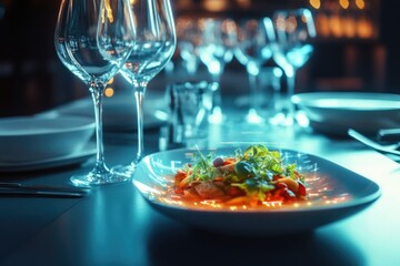 Poster - A plate of delicious food accompanied by wine glasses, perfect for a dinner party or social gathering