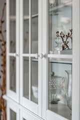 Wall Mural - A stylish white cabinet with glass doors displaying elegant vases