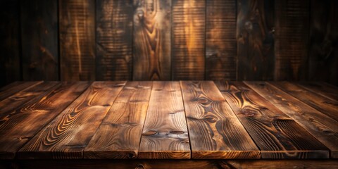 Poster - Rustic Wooden Tabletop with a Dark Wood Background, Ideal for Product Display or Food Photography