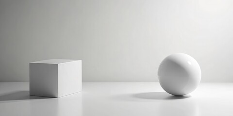 Wall Mural - Minimalist scene featuring a white cube and sphere on a plain surface