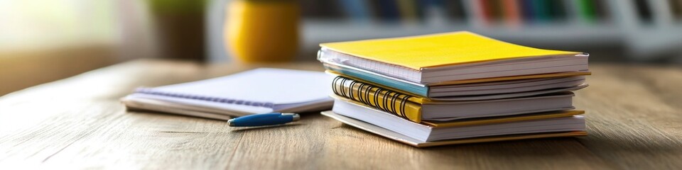 Poster - A collection of books stacked on a wooden table, perfect for use in educational or office settings