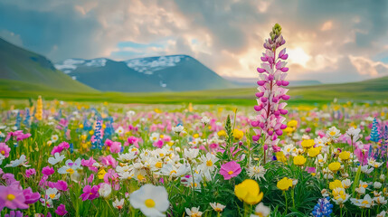 Aufkleber - Colorful wildflowers bloom in a lush valley surrounded by mountains at sunset in a serene landscape