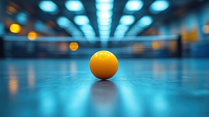 Single yellow ping pong ball on a table.
