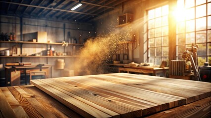 Aufkleber - Sunlit Woodworking Studio with Dust Motes and Empty Tabletop