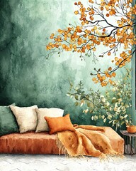 Wall Mural - Cozy Living Room with Soft Cushions and Beautiful Watercolor Tree Mural on Green Wall Comfort balanced organic