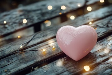 Poster - A pink heart-shaped object sits on a wooden table, perfect for decoration or gift-giving