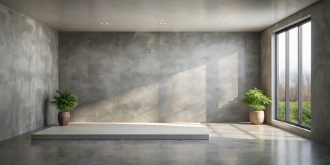 Poster - Minimalist interior design featuring a raised platform, potted plants, and sunlight streaming through a large window.