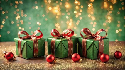Poster - Three emerald green gifts with red ribbon bows and gold accents, resting on a glittery surface against a bokeh background.