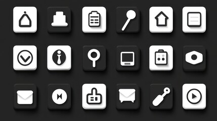 White and black square icons; app interface design; dark background; website development