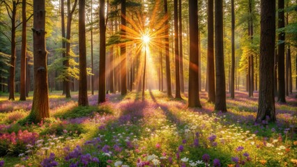 Poster - Golden sunlight streams through a tranquil forest, illuminating a vibrant carpet of wildflowers