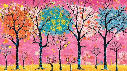 Poster - Colorful Abstract Trees with Chaotic Patterns on a Vibrant Pink Background