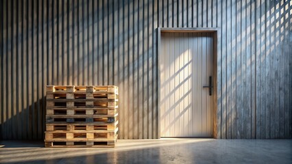 Aufkleber - Wooden Pallets Stacked Against a Vertical-Grooved Wall Near a Door in Sunlight