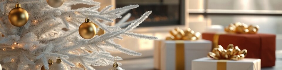 Poster - A festive Christmas tree decorated with gold ornaments and presents, perfect for holiday celebrations or winter wonderland scenes