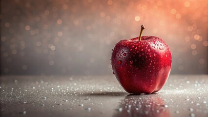 Poster - A Single Red Apple with Water Droplets on a Reflective Surface, Illuminated by a Soft, Warm Light