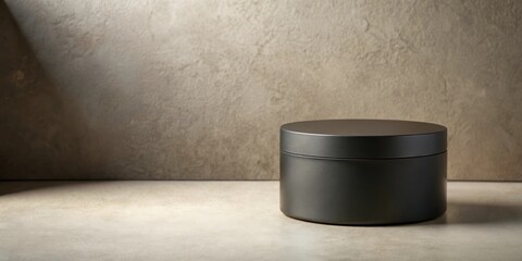Poster - A dark cylindrical container sits on a neutral surface against a textured backdrop