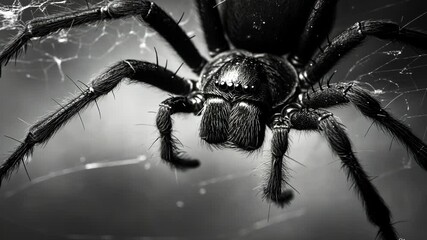 Close-up view of a spider weaving its web in a dimly lit environment capturing intricate details of its anatomy