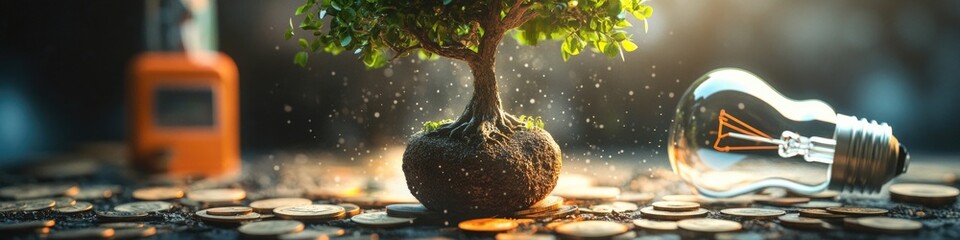 Poster - A tree grows out of a pile of coins next to a lit light bulb, symbolizing growth and prosperity