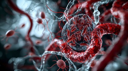 Fototapete - Analyzing blood flukes (schistosoma) in human vascular system a close-up on microbial life and medical research