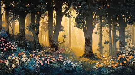 Wall Mural - A tranquil forest scene illuminated by soft, warm sunlight filtering through the trees. The foreground displays a vibrant array of wildflowers in various colors, creating a picturesque landscape that 