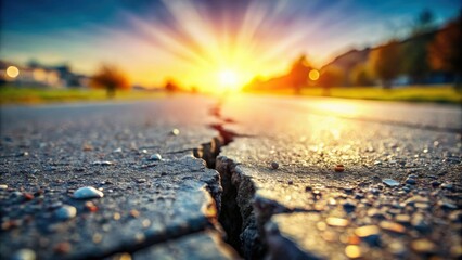 Leinwandbilder - Sunset Road Crack A Close-Up View of Pavement Degradation