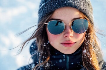 Wall Mural - A woman bundled up in snowy weather, wearing sunglasses and a hat