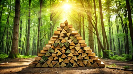 Poster - A neatly stacked pyramid of firewood logs in a sun-dappled forest path